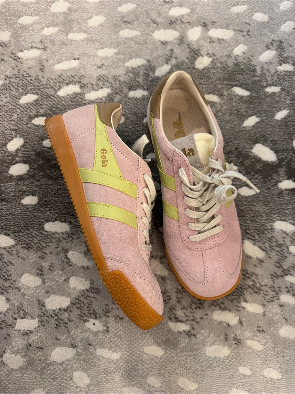 Gola Pink Suede Sneakers with Lime Stripes and Gum Sole